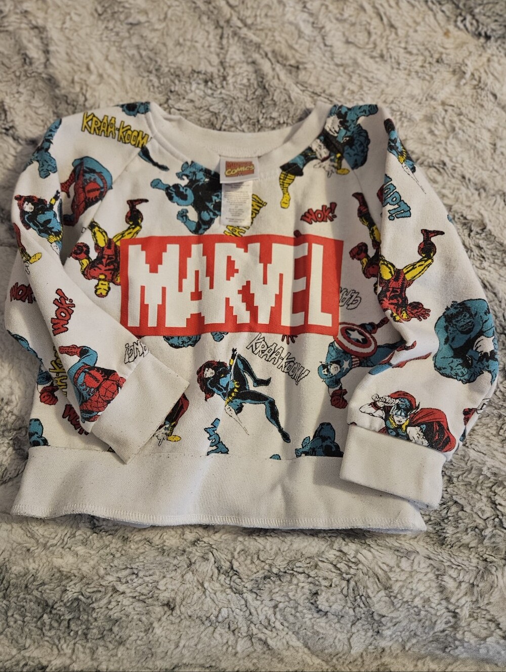 Marvel White Kids Sweatshirt with Red Logo and Multicolor Comic Characters